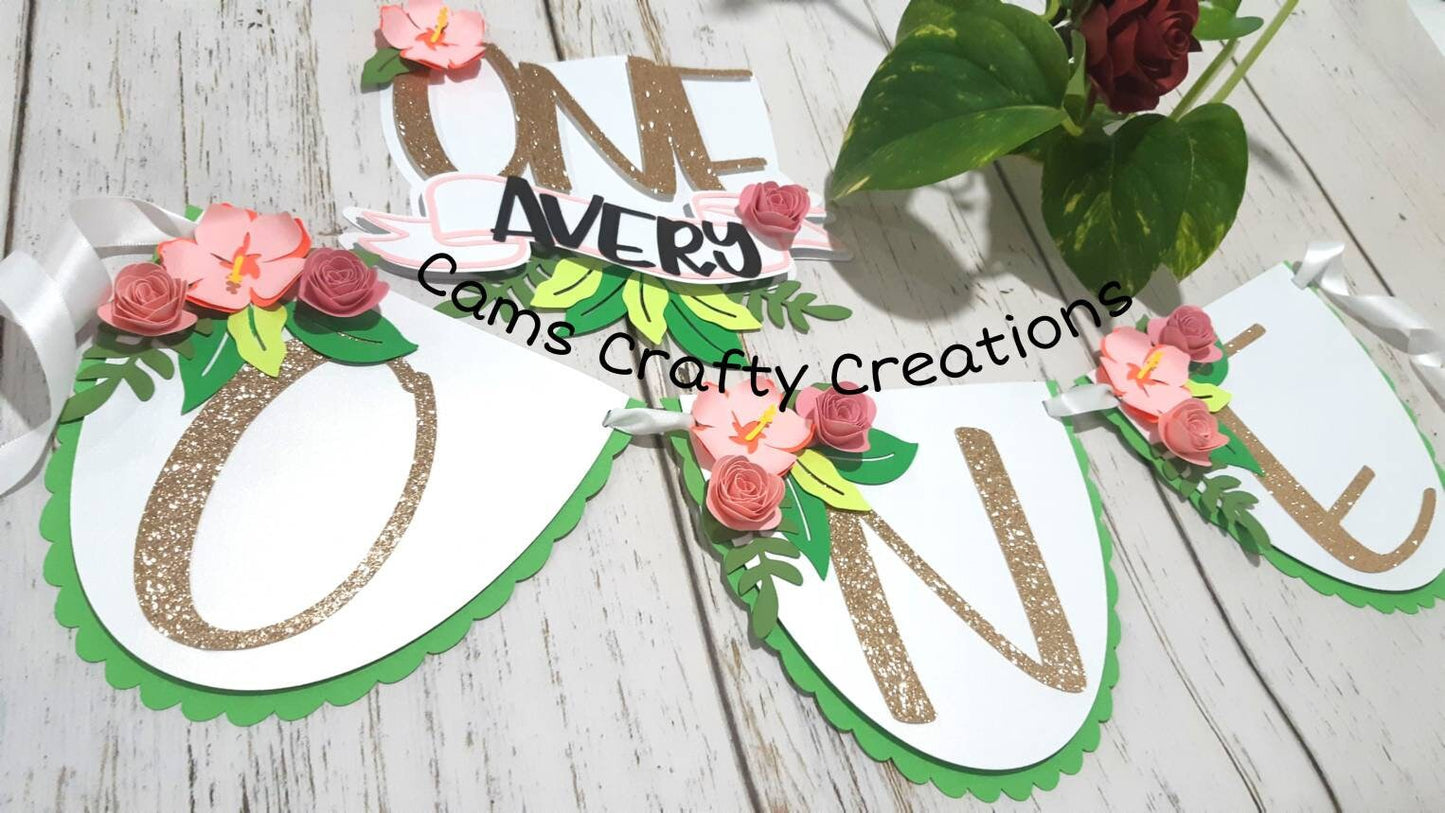 Tropical decor|high chair banner with cake topper|cake smash birthday|girl birthday|tropical theme|cake topper|smash cake