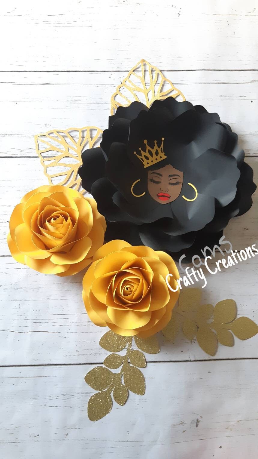 Afro queen wall decor, black queen decor, african american art, paper flower wall decor, black paper flowers, afrocentric decor, afro queen