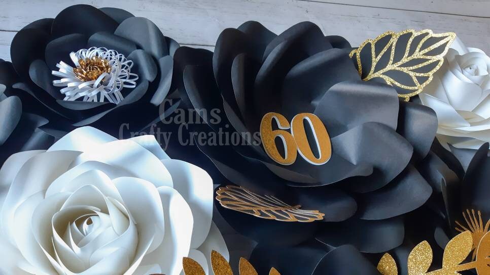 Gold and Black Paper Flowers, Milestone Birthday, 60th birthday party, Salon decor