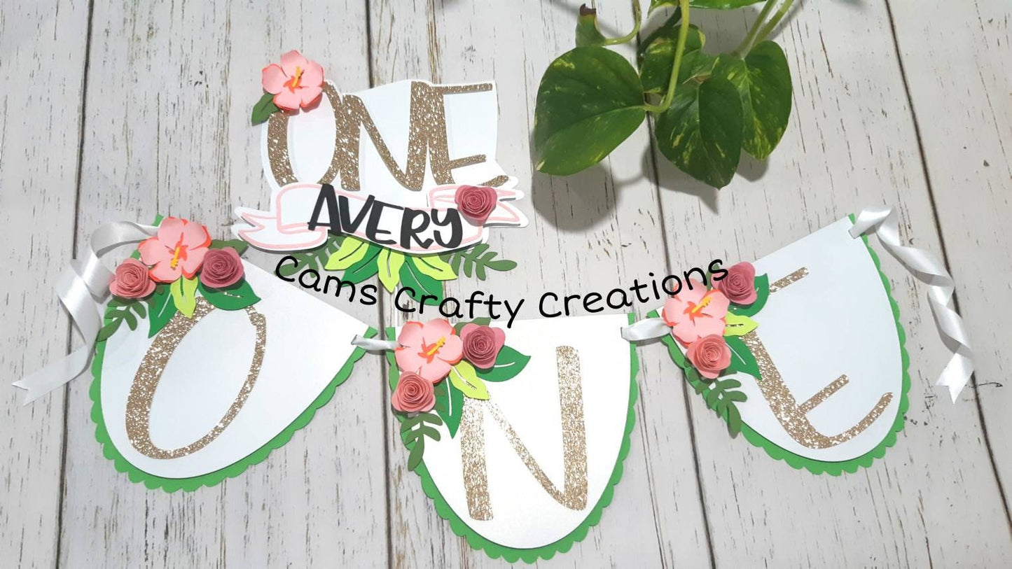 Tropical decor|high chair banner with cake topper|cake smash birthday|girl birthday|tropical theme|cake topper|smash cake