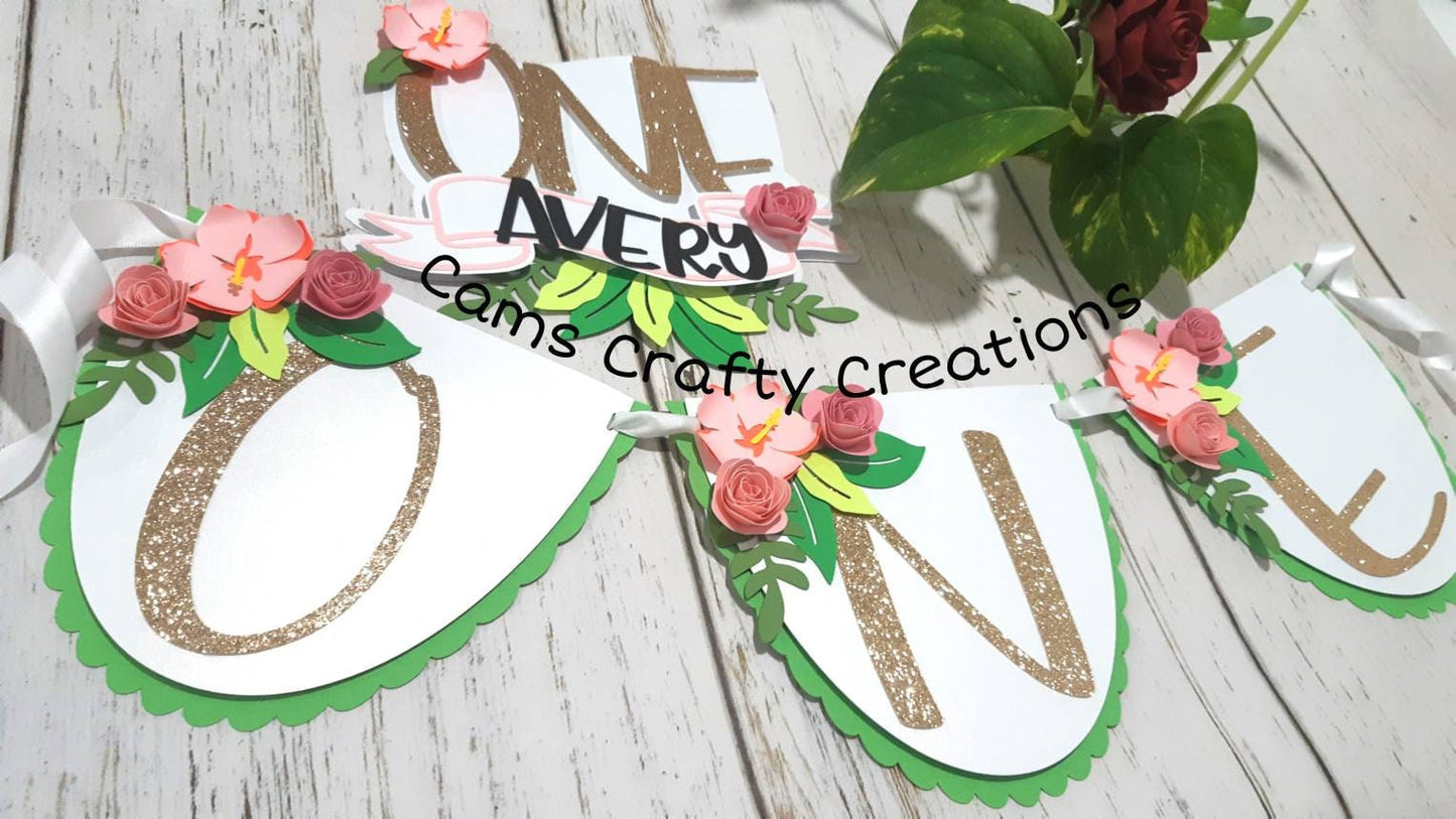 Tropical decor|high chair banner with cake topper|cake smash birthday|girl birthday|tropical theme|cake topper|smash cake