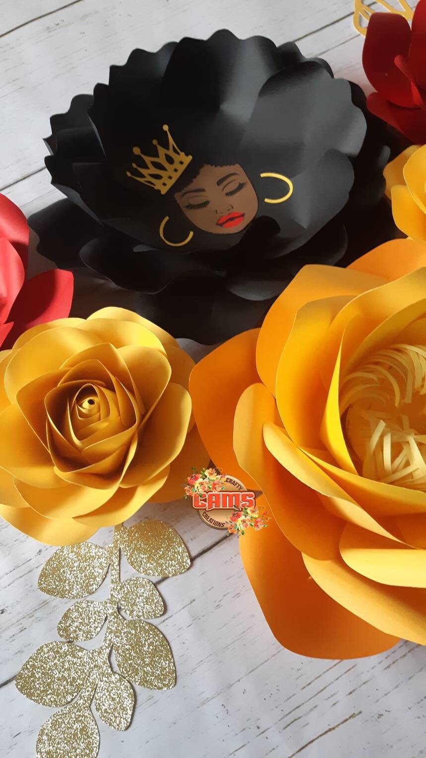 Afro queen wall decor, black queen decor, african american art, paper flower wall decor, black paper flowers, afrocentric decor, afro queen
