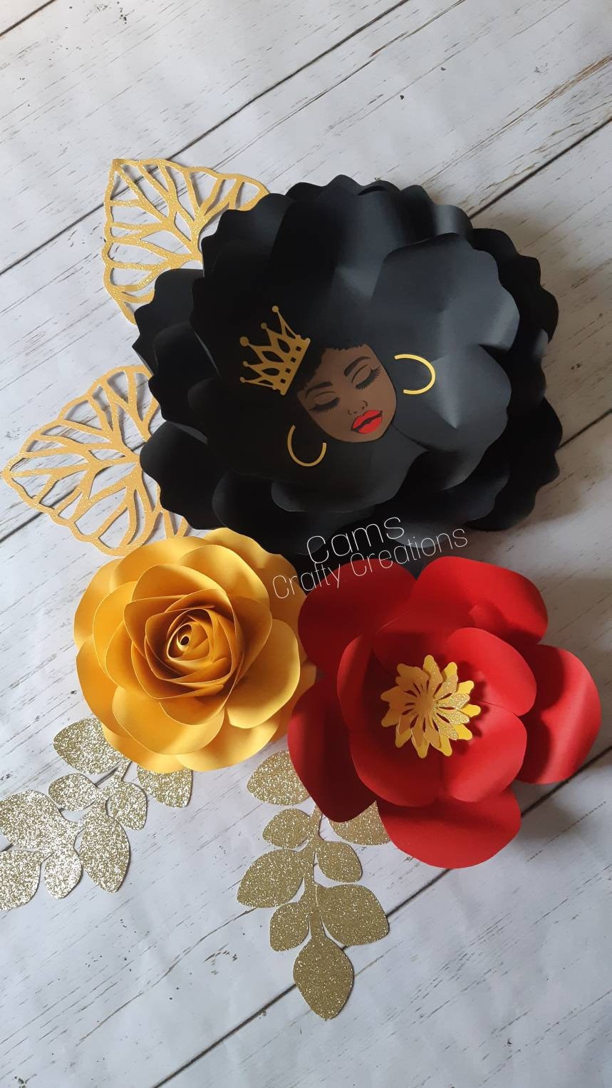 Afro queen wall decor, black queen decor, african american art, paper flower wall decor, black paper flowers, afrocentric decor, afro queen