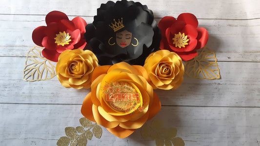 Afro queen wall decor, black queen decor, african american art, paper flower wall decor, black paper flowers, afrocentric decor, afro queen