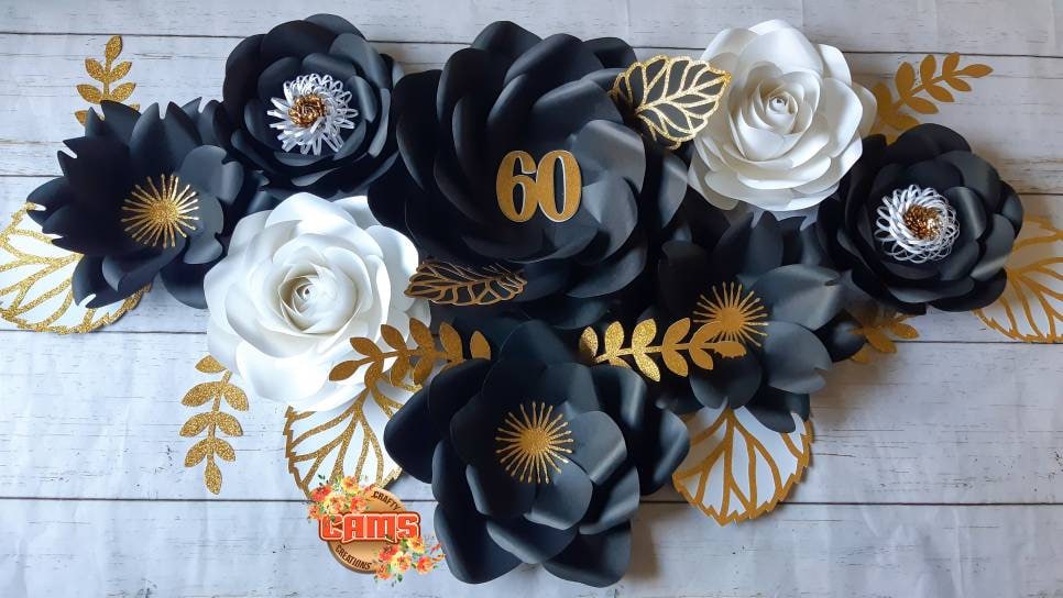 Gold and Black Paper Flowers, Milestone Birthday, 60th birthday party, Salon decor