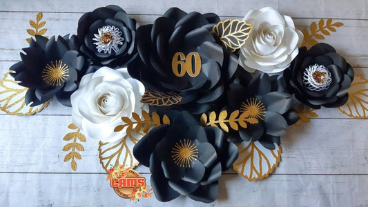 Gold and Black Paper Flowers, Milestone Birthday, 60th birthday party, Salon decor