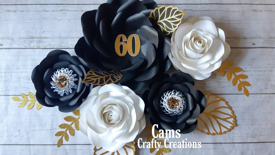 Gold and Black Paper Flowers, Milestone Birthday, 60th birthday party, Salon decor