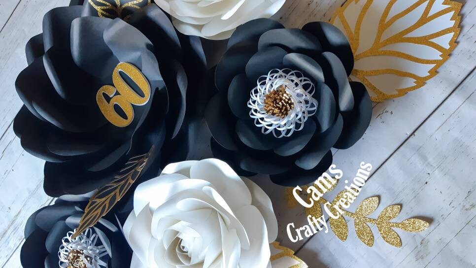 Gold and Black Paper Flowers, Milestone Birthday, 60th birthday party, Salon decor