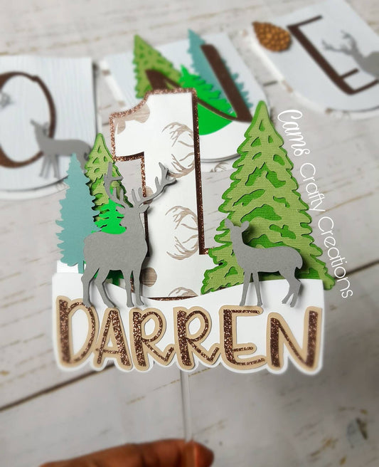 Woodland theme highchair and cake topper