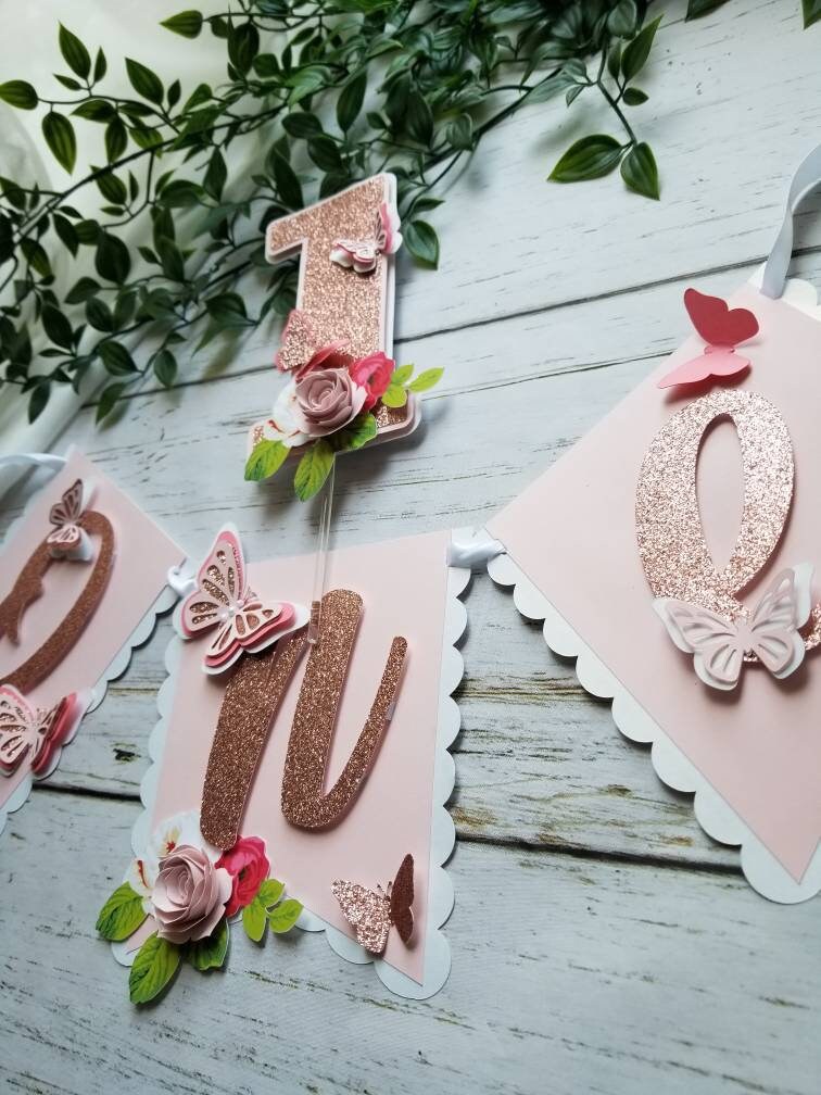 Butterfly theme banner, high chair banner, butterfly floral banner, butterfly decor, butterfly cupcake toppers, 1st birthday decor