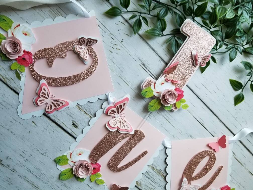 Butterfly theme banner, high chair banner, butterfly floral banner, butterfly decor, butterfly cupcake toppers, 1st birthday decor