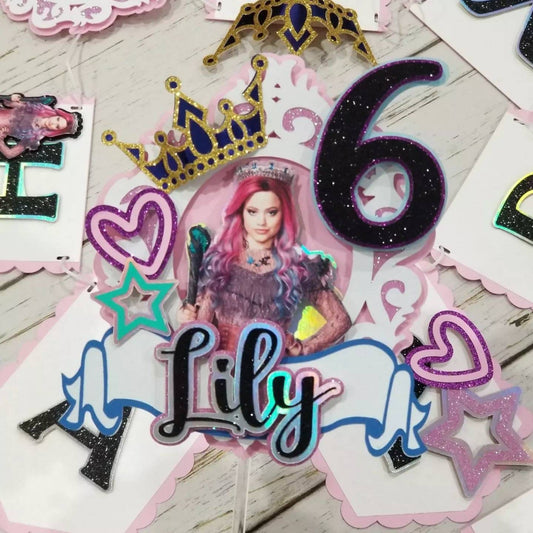 Cake topper with Happy birthday banner, descendants 3 banner, Audrey, Uma, Mal, Evie, Carlos, Jay, customizable