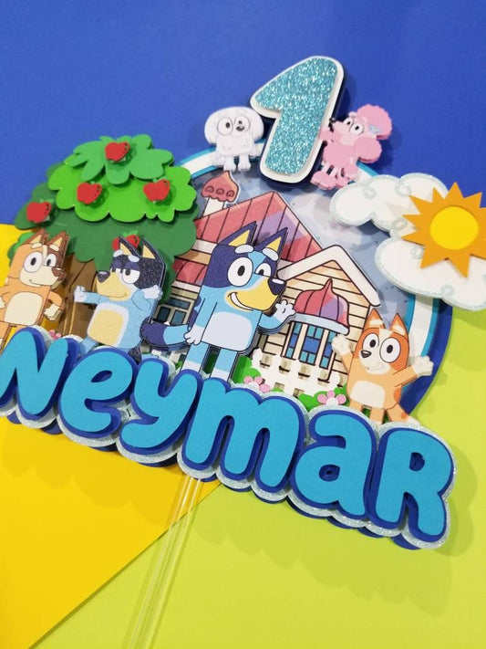 Blue Dog party decorations, dog family birthday banner, dog family cake topper