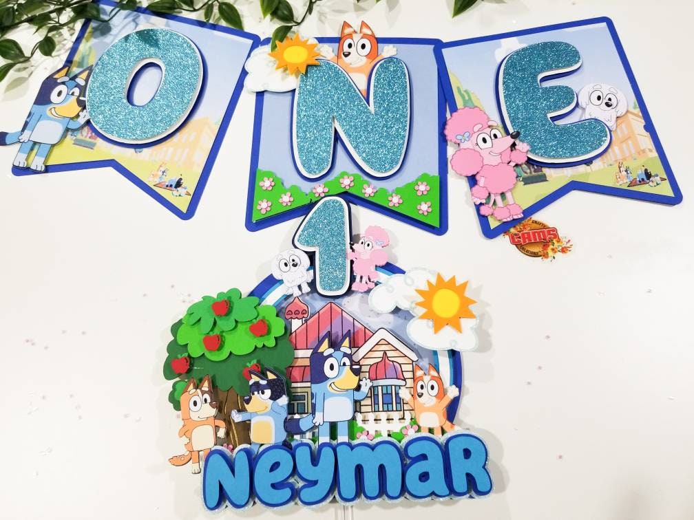 Blue Dog party decorations, dog family birthday banner, dog family cake topper